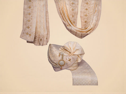 Ivory Jacquard Groom’s Pagdi with Matching Safa & Pearl Kalgi