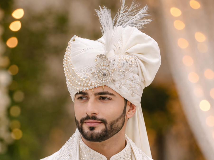 Pearl off- White Groom Pagdi with Safa and Kalgi