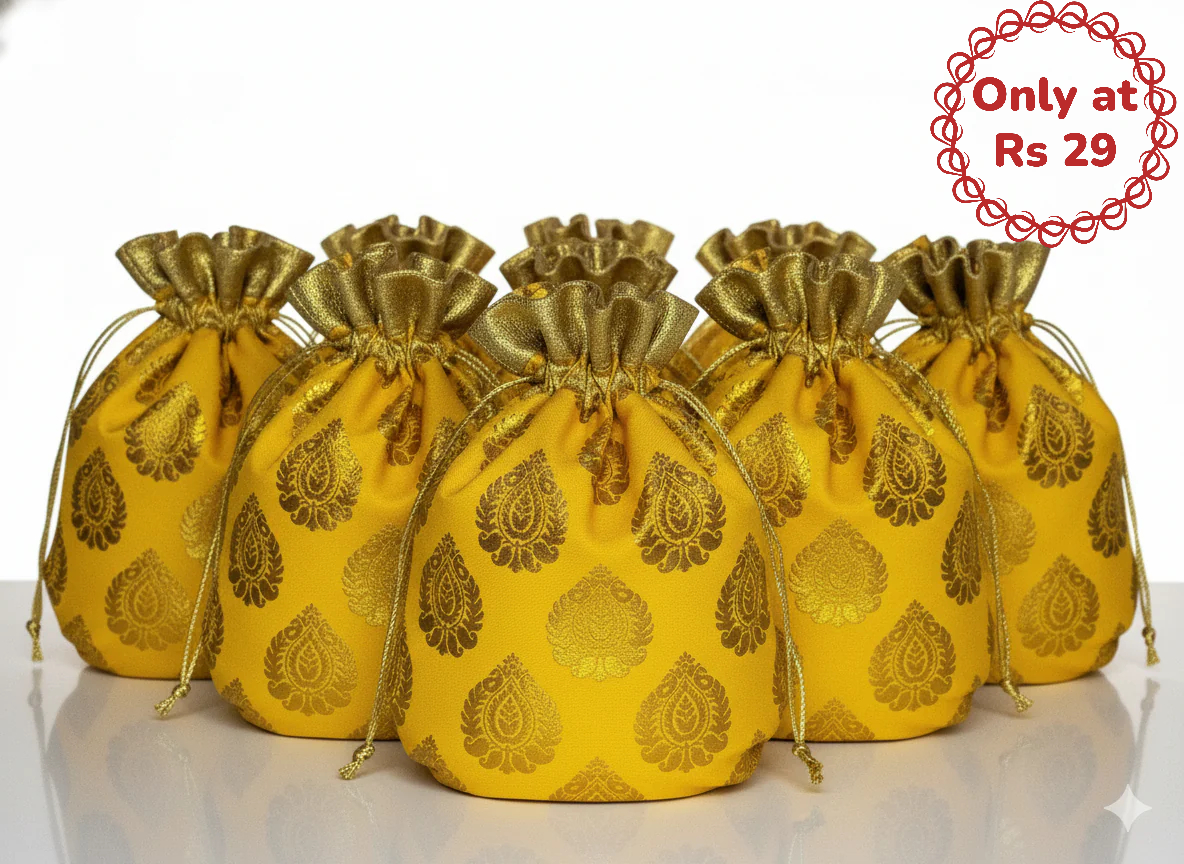 Traditional yellow & Gold Brocade Potli Bag (pack of 10)